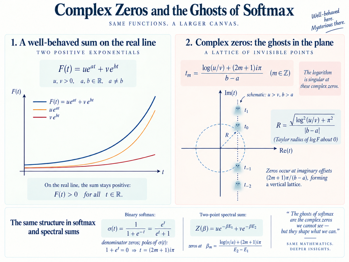 A sum of two positive exponentials stays positive on the real line but has complex zeros on a vertical lattice. The distance from the origin to the nearest zero is the Taylor radius of log F; the same calculation applies to binary softmax and a two-point spectral sum.