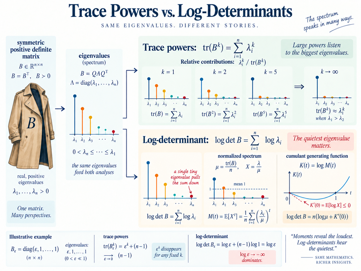 A matrix spectrum feeds two calculations: positive trace powers emphasize the largest eigenvalues, while a tiny eigenvalue can drive the log-determinant toward negative infinity. The normalized log-moment curve K(t) is convex, equals zero at t=0 and t=1, and has a nonpositive initial slope.